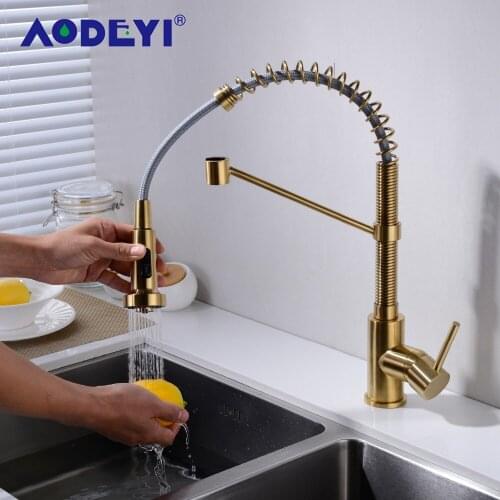 Brass Kitchen Faucet with Pull Out Sprayer Head Single Handle Deck Mounted Pull Down Spring Tap, Brushed Gold Nickel Matte Black