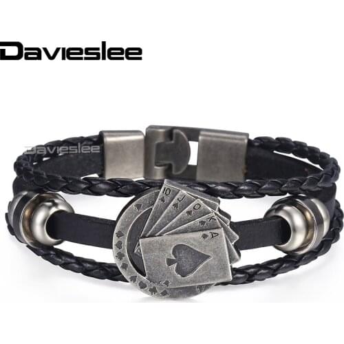 Lucky Poker Cards Black Leather Bracelets For Men 3 Strands Rope Mens Charm Bracelet Fashion Male Jewelry Dropshipping LLB681