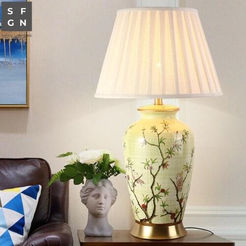 Copper Table Lamp Modern Chinese Style for Living Room Jingdezhen Ceramic Lamp Luxury Bedroom Bedside Decorated LED Lamp