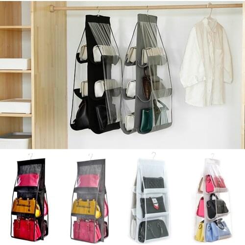 "6 Pocket Hanging Handbag Organizer for Wardrobe Closet Transparent Storage Bag Door Wall Clear Sundry Shoe Bag with Hanger Pouc