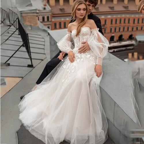 Long Sleeve Wedding Dress Off Shoulder A-Line Princess Lace Appliques Bridal Gowns For Women Puff Sleeve Ivory Rove De Mariee
