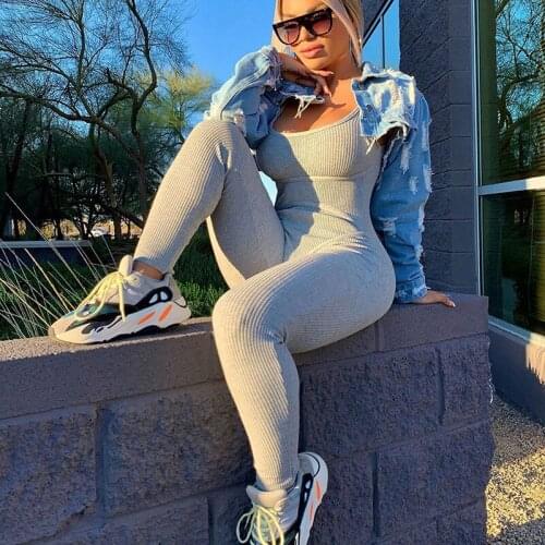 Sportwear Jumpsuit Knit Rib Bodycon Solid Streetwear Outfit Casual Pencil Pants Bodycon Fitness Rompers Womens Jumpsuit