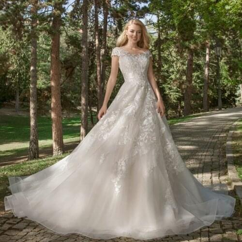 Vestido Novia Short Sleeve A-Line Wedding Dresses Button Back Robe Mariage Luxury Sukienka Na Wesele Tulle Abito Da Sposa