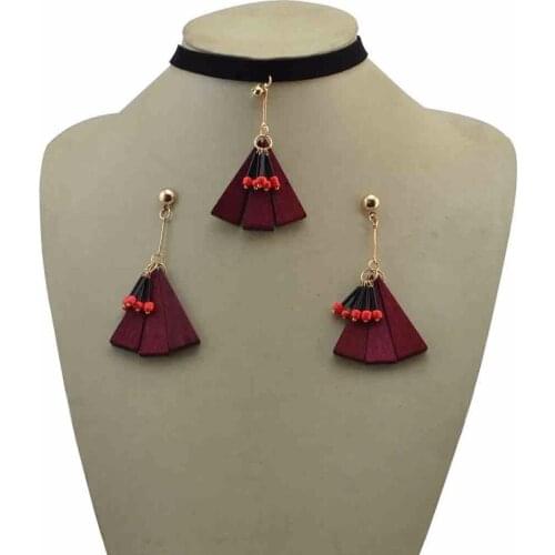 Idealway Antique Turkish Jewelry Sets Wood Pendant Necklace & Earring Sets Black Leather Choker Necklace Summer Party Jewelry