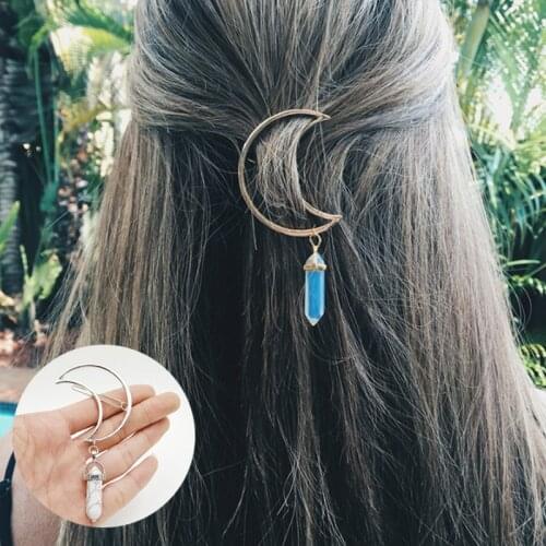 Moon Hair Clips Natural Stone Hairpins Hexagon Prism Charming Headwear Jewelry Gifts Headdress Hair Accessory