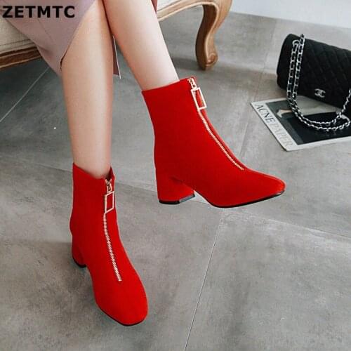 2020 Autumn Women Boots Faux Leather Super High Heel Ankle Boots Fashion Square Toe Zipper Winter Boots Black red