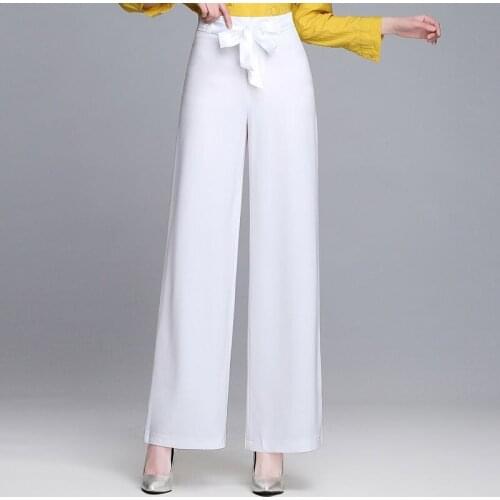 Summer Spring Office Lady Womens High Waisted White Black Green Red Bow Chiffon Pants , 2019 New Elegant Trousers For Women