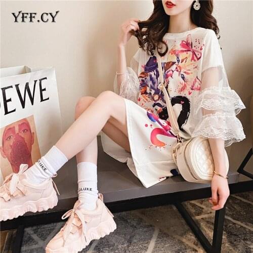 Plus Size Womens T-shirt Dresses 2020 Fashion Streetwear Heart Letters Print Mesh Lace Patchwork Dresses Graffiti Loose Dress