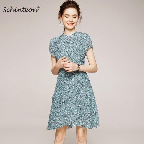 Schinteon 100% Real Silk Floral Print Dress Stand Collar Short Sleeved Diamond Elegant Slim Dresses Women 2020 Summer Vestidos