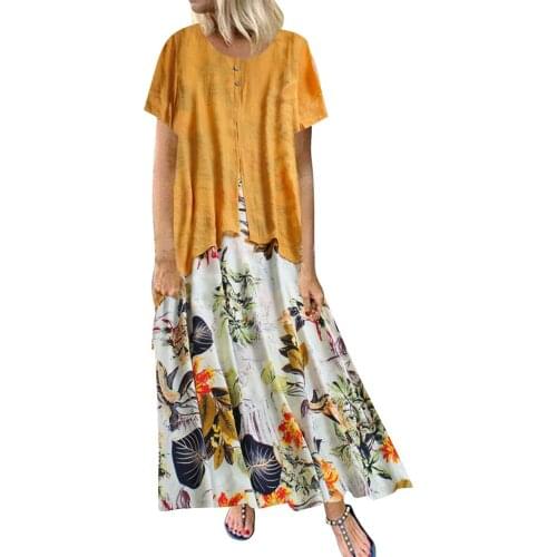 Women Vintage Two-piece Short Sleeve Long Dress Printing Draped O-Neck Dresses Casual large Size Sundress Generous Elegant Robes