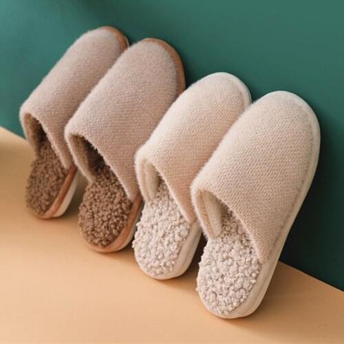 Winter Home Solid Fur Slippers Warm Flock Plush Bedroom Ladies Flat Shoes Slides Couples House Furry Slippers Slippers Women