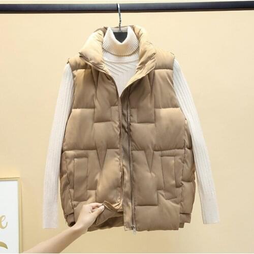 Winter Solid Womans Vest Sleeveless Loose Stand Collar Cotton Padded Waistcoat for Female Plus Size Zipper Vest Jacket