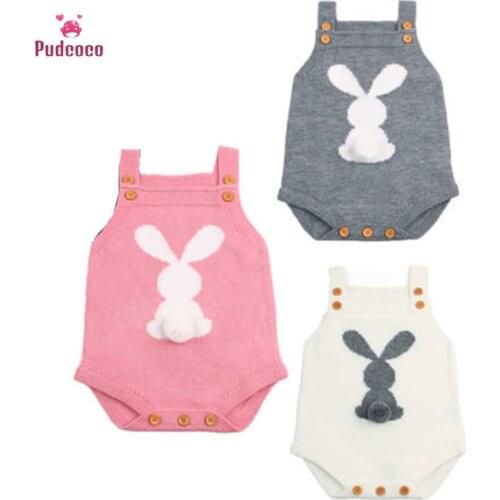 2021 Summer Toddler Baby Girl Clothes Sleeveless Bunny Knitting Wool Pom Pom Romper Jumpsuit Outfits Cotton Clothing