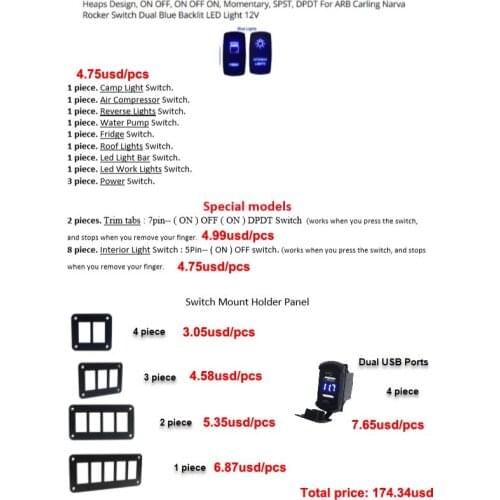 21 pcs switches and 10 pcs switch mount and 4pcs usb charger socket