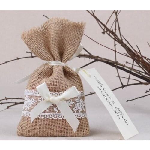 50PCS/LOT Rustic vintage Style burlap/hessian & lace Wedding favour bags with ribbon birthday gifts bags free shipping