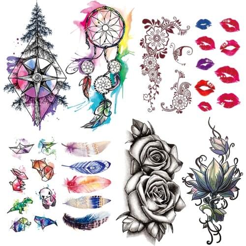Watercolor Pine Dreamcatcher Temporary Tattoo For Kids Women Lips Feather Tattoos Hands Arm Animal Lotus Flower Waterproof Tatoo