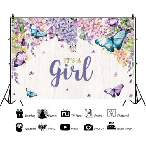 Purple Flower Butterfly its a girl Newborn Baby Shower Birthday Party Photo Background Photo Backdrop Photostudio Banner Poster