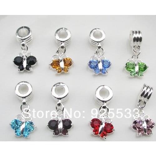 Free shipping 20pcs 26x13mm high quality crystal rhinestone silver plated butterfly big hole charms fit European bracelet DIY