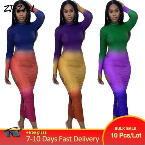 Bulk Items Wholesale Lots Womens Maxi Dress Gradient Color High Waist Package Hip Dresses Vintage Side Cut Out Skinny Vestido