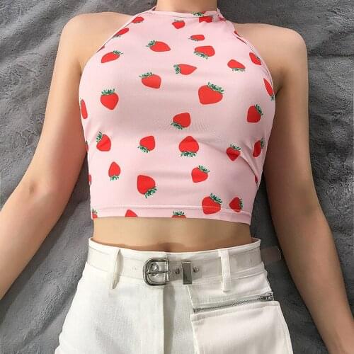 Summer Ladies Strawberry Printing Sleeveless T-shirt Top Slim Vest Girls Sweet Halter Hanging Neck Short Camisole Tank Top