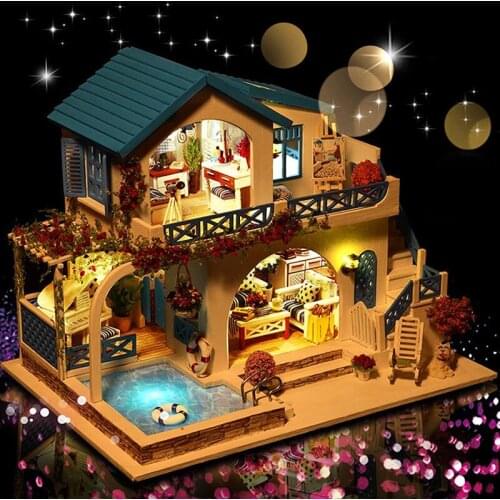 DIY Large Villa Town Dollhouse Miniature Furniture With LED Doll Houses Assemble Educational Toys Children Christmas Gift Casa