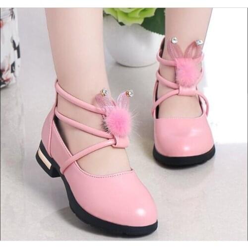 Fashion Cartoon plush Soft PU Full Leather Shoes for Girls Spring Autumn Kids Single Shoes Student red Flowers Princess Shoes