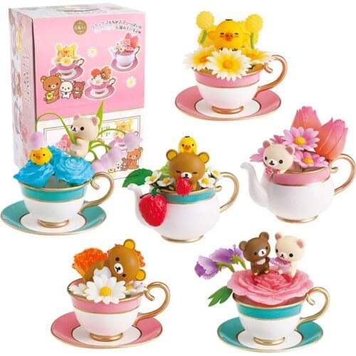 New Rilakkuma Korirakkuma Kiiroitori Bear Flower Tea Cup Series PVC Figure Model Toys 6PCS Set Dolls Kids Children Gifts