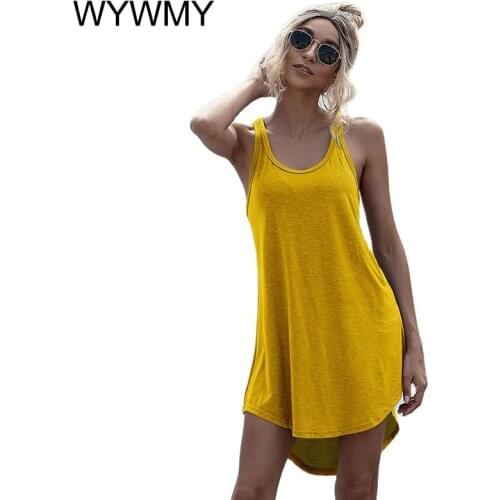 Solid Casual O-neck Sleeveless Tank Dress Women Loose Off Shoulder Asymmetrical Cotton Mini Dress Summer Streetwear Plus Size
