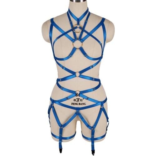 Night Clubs Rave Harness Belt Body Cage Top Bra Elastic Adjust Suspender Stockings Sexy Full Set Gothic Lingerie Belt Blue