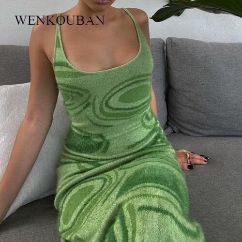 Print Knit Bodycon Party Dress Women Green Y2K Summer Dress Hollow Out Sexy Sleeveless Vestidos Spaghetti Strap Beach Midi Dress
