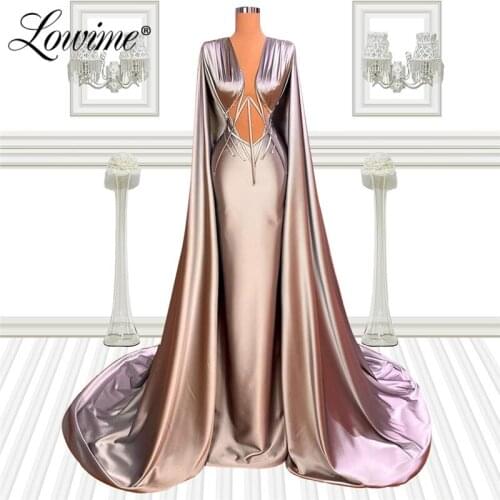 Luxury Long Capped Sleeves Cape Evening Dresses 2021 Couture Crystals Satin Party Gowns Vestidos Dubai Arabic Prom Dress Robes