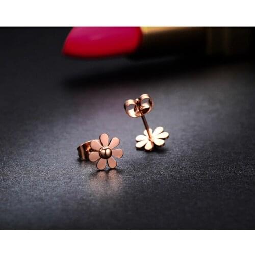 Rose Gold Color Quality Stainless steel daisy Women Sunflower Cute Women Stud earrings/ Cheap Girls Stud Earrings