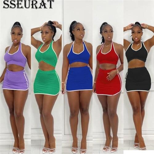 SSEURAT Women Solid Color Sleeveless Drape Top and Skirt Set 2 Pieces Fashion Casual Sports Suit 2021