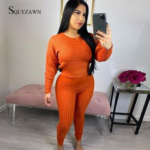Knitted 2 Piece Set Women Long Sleeve Crop Tops And Pencil Pants Sexy 2019 Autum Winter Sweater Skinny Two Piece Set Outfits