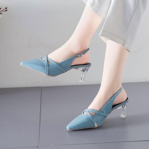 Shoes Women Patent leather pumps High Heels office shoes buckle Slides Pointed Toe sandals zapatos mujer black blue U22-17