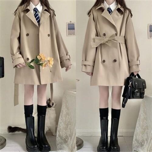 Spring And Autumn Windbreaker Women New Version Double-Breasted Jacket Khaki Suit Collar College Girl Style Long Female Coat A18