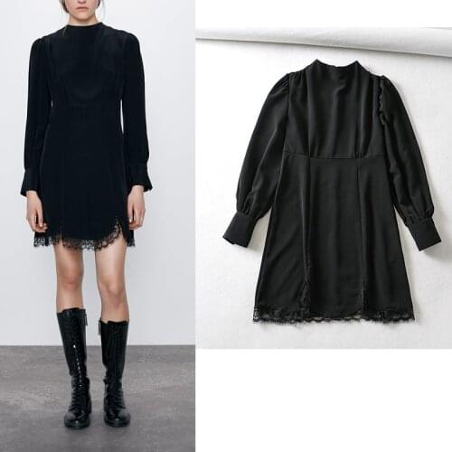 Za 2021 Fashion Women Sexy Lace Party Mini Dress Long Sleeve O Neck Elegant Dress Female Vintage Black A-Line Vestidos