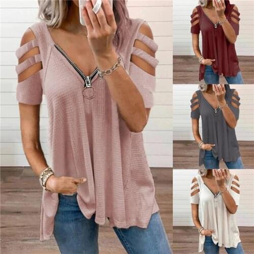 Womens New Fashion T-shirt Sexy V-neck T-shirt Zipper Solid Color Short Sleeve Casual T-shirt Loose Strapless T-shirt Plus Size