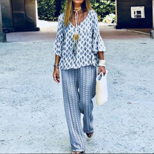 Casual Women 2Pc Set Loungewear Autumn Patchwork Three Quater Sleeve Suits Loose Pullover Tops & Elasic Waist Trousers Set Femme