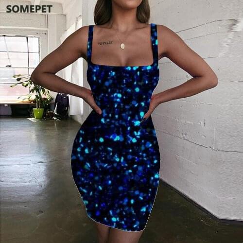 SOMEPET Harajuku Dress Women Novel Sundress Shine Halter Sleeveless Blue Bodycon Dress Womens Clothing Club Beach Boho Femme