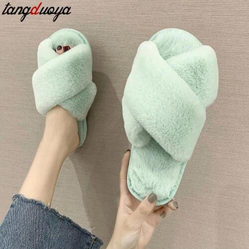 Winter womens slippers warm faux fur house slippers cross soft plush fluffy female open-toed slippers fashion cozy pink slipper