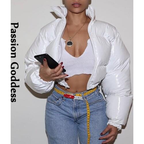 Winter Women Bright PU Pink Puffer Jackets Warm Bubble Coats Shiny Black Leather Parkas Down Zipper Cropped Jackets Parkas XL