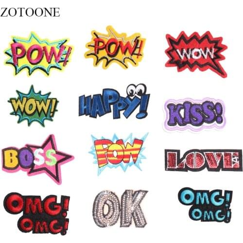 ZOTOONE Letter Wow Patches Sequin Stickers Diy Iron on Clothes Heat Transfer Applique Embroidered Applications Cloth Fabric G
