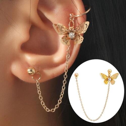 1Pc New Women Stylish Butterflies Rhinestone Alloy Chain Tassel Piercing Ear Clip Earring Jewelry Accessories Supplies 2021