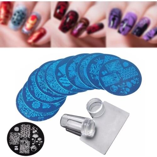 10 Pcs Stamping Plate + Clear Silicone Stamper + Scraper Nail Art Image Stamp Tool Manicure Template SSwell