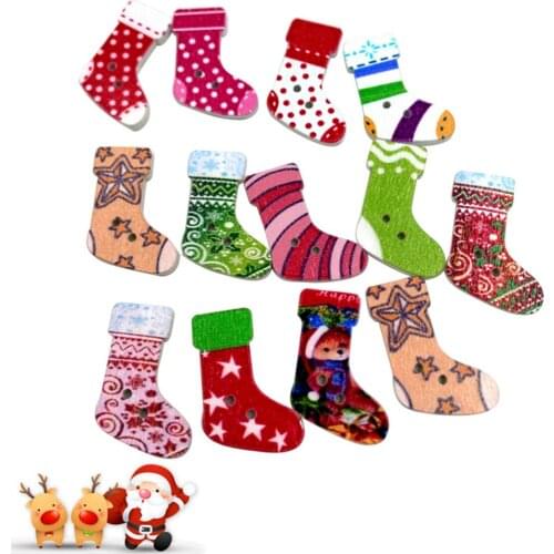 100 Pcs Christmas 2 Holes Button Socks Creative Colorful Wooden Button Stockings for Sewing Crafting (Mixed)