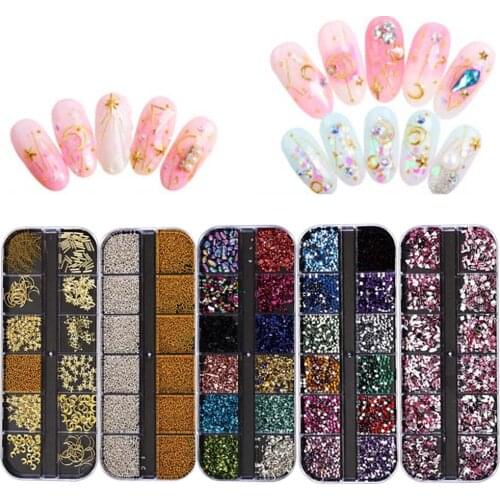 12 Grids/Box Gold Silver Hollow 3D Nail Art Decorations Mix Metal Frame Sequin Nail Rivets Shiny Charm Strass Manicure Studs