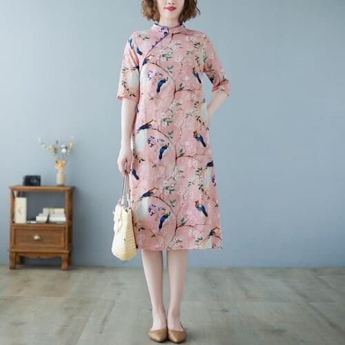 2021 chinese cheongsam dress floral printing design traditional qipao stand-up collar design casual elegant oriental silk dress