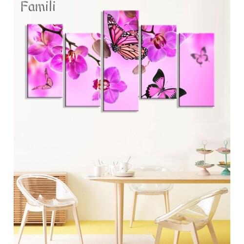 5 Pieces Frameless Canvas Photo Prints Purple Orchid Wall Art Picture Canvas Paintings Home Decor wall pictures for living room