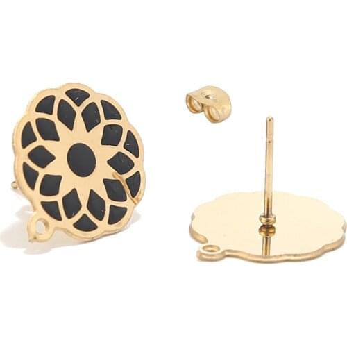 6pcs 15mm Gold Plated Stainless Steel Black Enamel Flower Ear Post with loop Earring Components for Jewelry Making